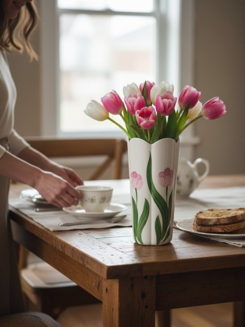 Millard Lister Tall‎ White Vase Pink Flowers Scalloped Top